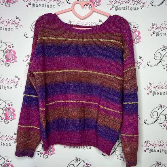 Striped Colorful sparkly sweater gold pink orange purple cozy knitted top - Picture 1 of 4